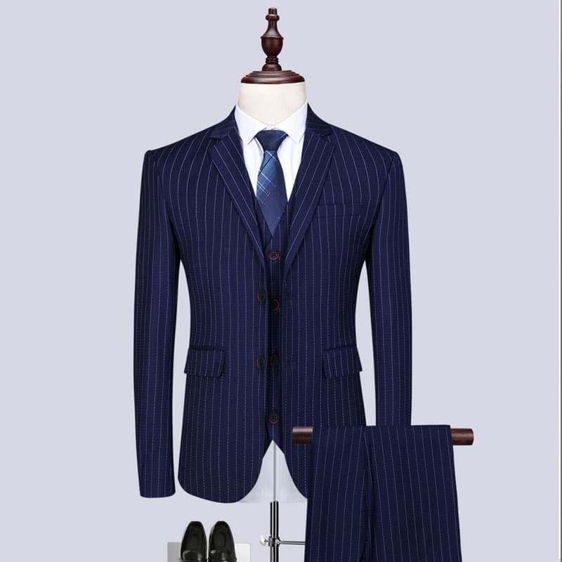 Men's 3 Piece Suit Slim Fit Pinstriped Tuxedos For Wedding Prom Groomsmen White Black Blue Grey