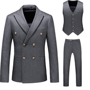 Grey 3 Piece Men Double Breasted Striped Suit