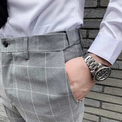 Mens Plaid Dress Pants Flat-Front Slim Fit  Windowpane Trousers For Business Wedding prom