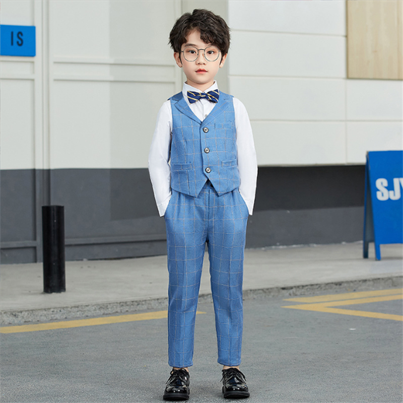Boys 5 Piece Suit Blue Plaid Host Performance Children's Suits