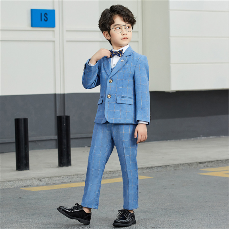 Boys 5 Piece Suit Blue Plaid Host Performance Children's Suits