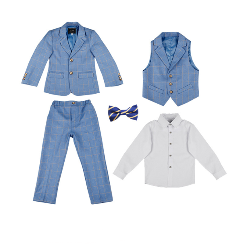 Boys 5 Piece Suit Blue Plaid Host Performance Children's Suits