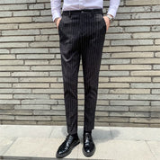 Mens Striped Dress Pants Flat-Front Skinny Pinstriped Blue Grey Prom Trousers