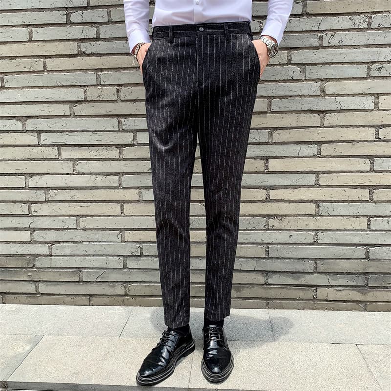 Mens Striped Dress Pants Flat-Front Skinny Pinstriped Blue Grey Prom Trousers