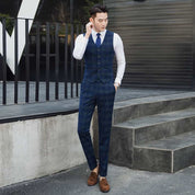 Men Blue Plaid Double Breasted Suit 3 Piece Slim Fit Tuxedos