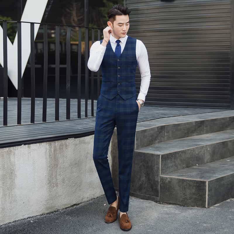 Men Blue Plaid Double Breasted Suit 3 Piece Slim Fit Tuxedos