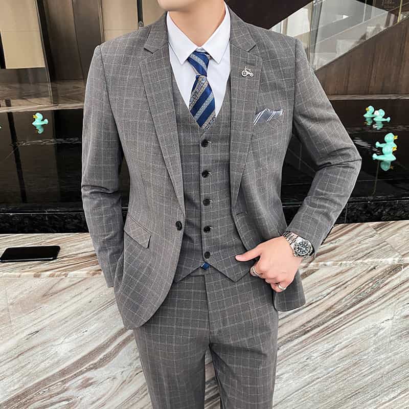 Men's Suits Plaid 3 Piece Windowpane Tuxedo Skinny Plaid Tuxedos for Wedding Meeting Prom