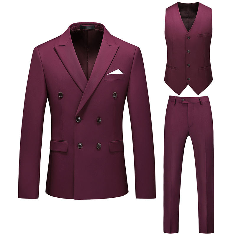 Men's 3 Piece Double Breasted Suit in Beige Blue Wine Solid Colors