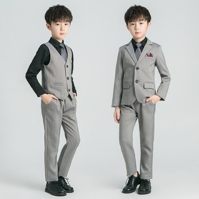 Boys 5 Piece Striped Suit in Grey and Black