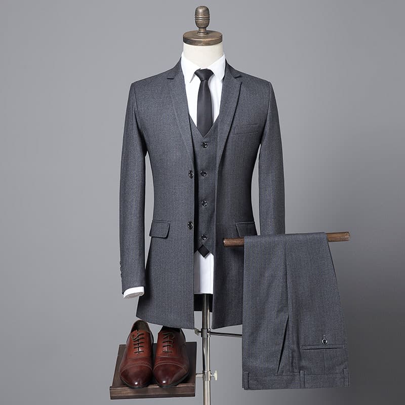 Men's 3 Piece Striped Long Grey Black Suit