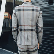 Men Blue & Grey Windowpane 3 Piece Suit