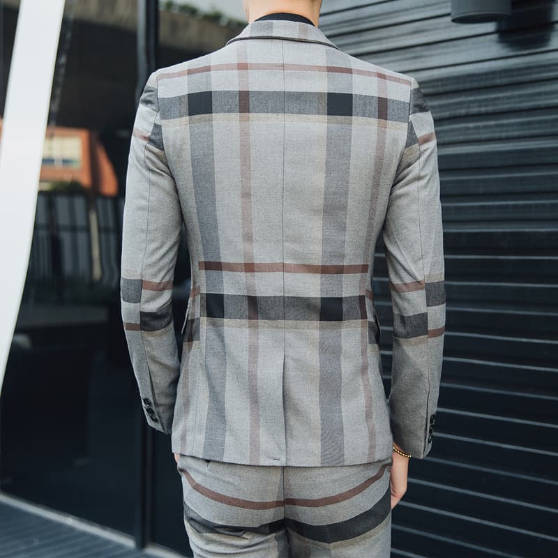 Men Blue & Grey Windowpane 3 Piece Suit