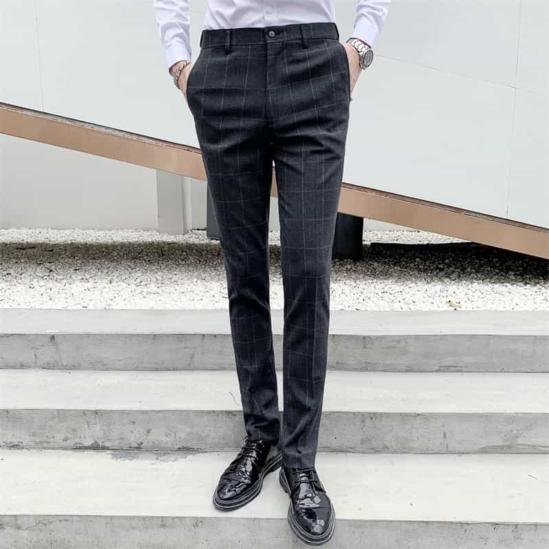 Mens Plaid Dress Pants Flat-Front Slim Fit  Windowpane Trousers For Business Wedding prom