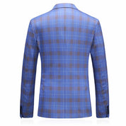 MOGU Men Double Breasted Suit Blue Plaid 3 Piece Slim Fit Tuxedo