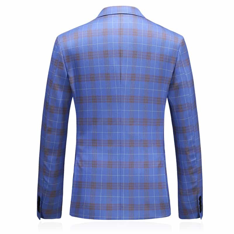MOGU Men Double Breasted Suit Blue Plaid 3 Piece Slim Fit Tuxedo