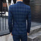 Men Blue Plaid Double Breasted Suit 3 Piece Slim Fit Tuxedos