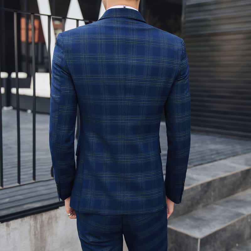 Men Blue Plaid Double Breasted Suit 3 Piece Slim Fit Tuxedos