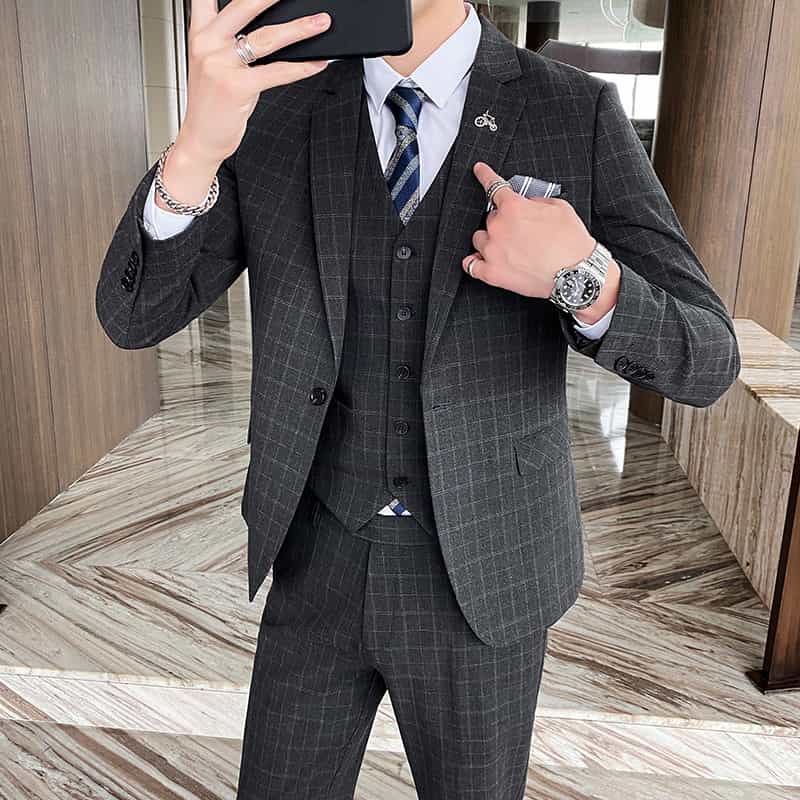 Men's Suits Plaid 3 Piece Windowpane Tuxedo Skinny Plaid Tuxedos for Wedding Meeting Prom