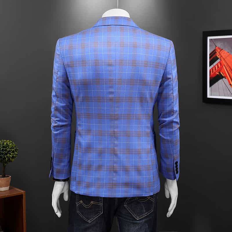 MOGU Men Double Breasted Suit Blue Plaid 3 Piece Slim Fit Tuxedo