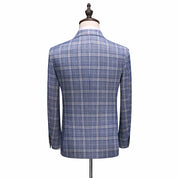Men Double Breasted Suit 3 Piece Blue Plaid Slim Fit Tuxedo