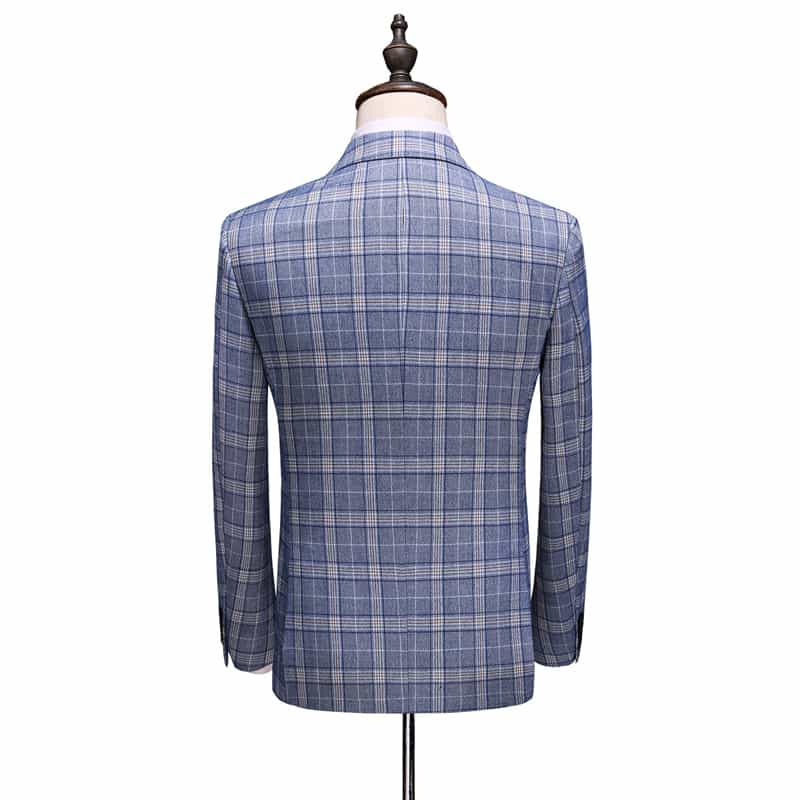Men Double Breasted Suit 3 Piece Blue Plaid Slim Fit Tuxedo
