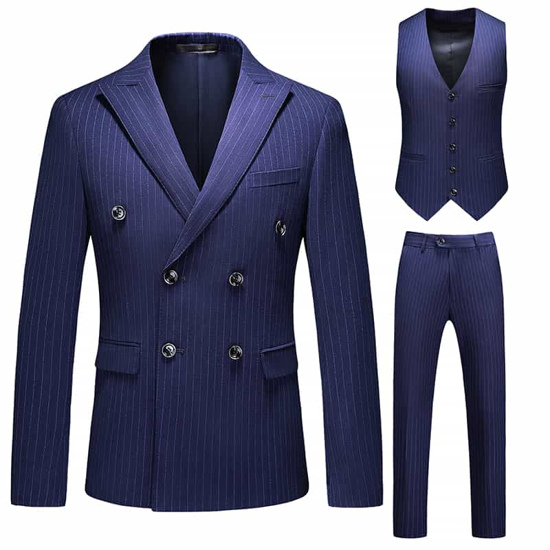 Mens 3 Piece Double Breasted Pinstripe Suit in Blue Grey Black