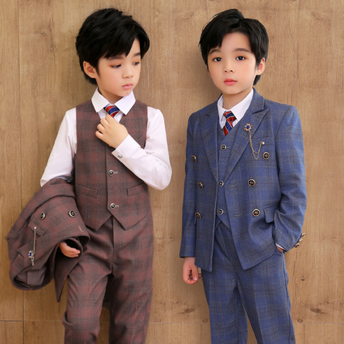 5 Piece Suit British Style Plaid Suit For Boys