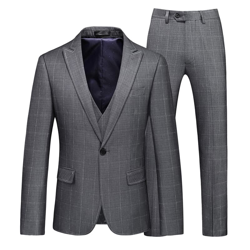 3 Piece Grey Suits for Men Slim Fit Wedding Prom Tuxedos Plaid Formal Dress Pants Suits