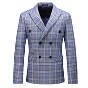 Men Double Breasted Suit 3 Piece Blue Plaid Slim Fit Tuxedo