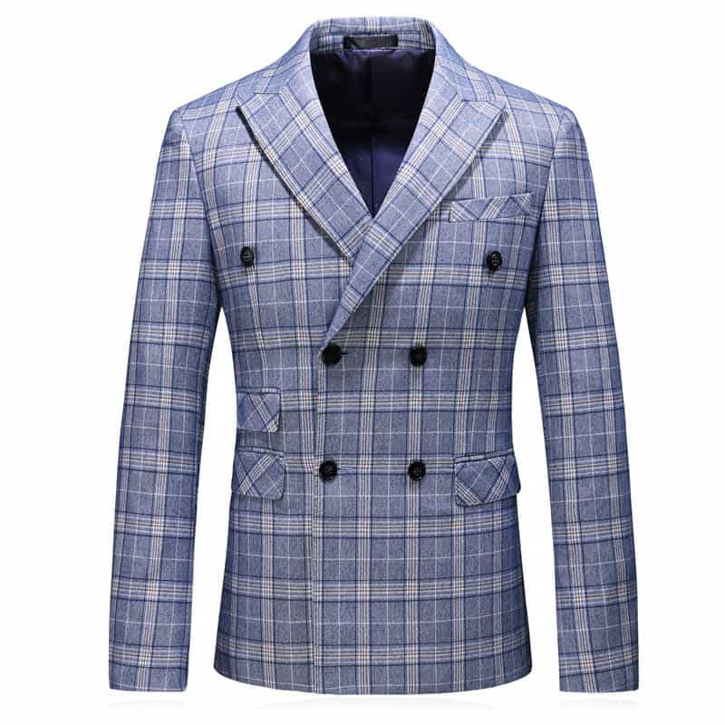 Men Double Breasted Suit 3 Piece Blue Plaid Slim Fit Tuxedo