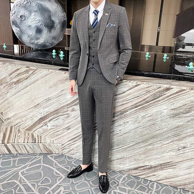 Men's Suits Plaid 3 Piece Windowpane Tuxedo Skinny Plaid Tuxedos for Wedding Meeting Prom