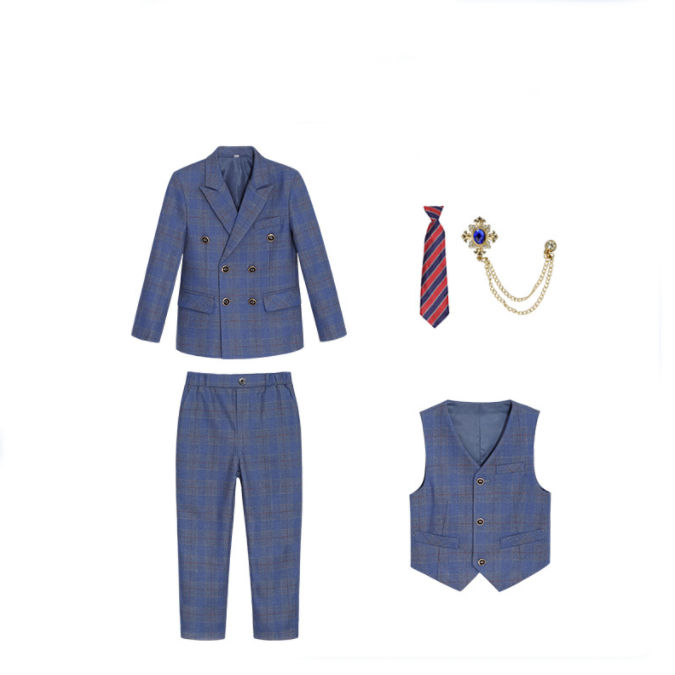 5 Piece Suit British Style Plaid Suit For Boys
