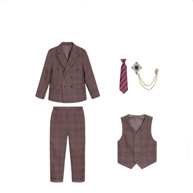 5 Piece Suit British Style Plaid Suit For Boys