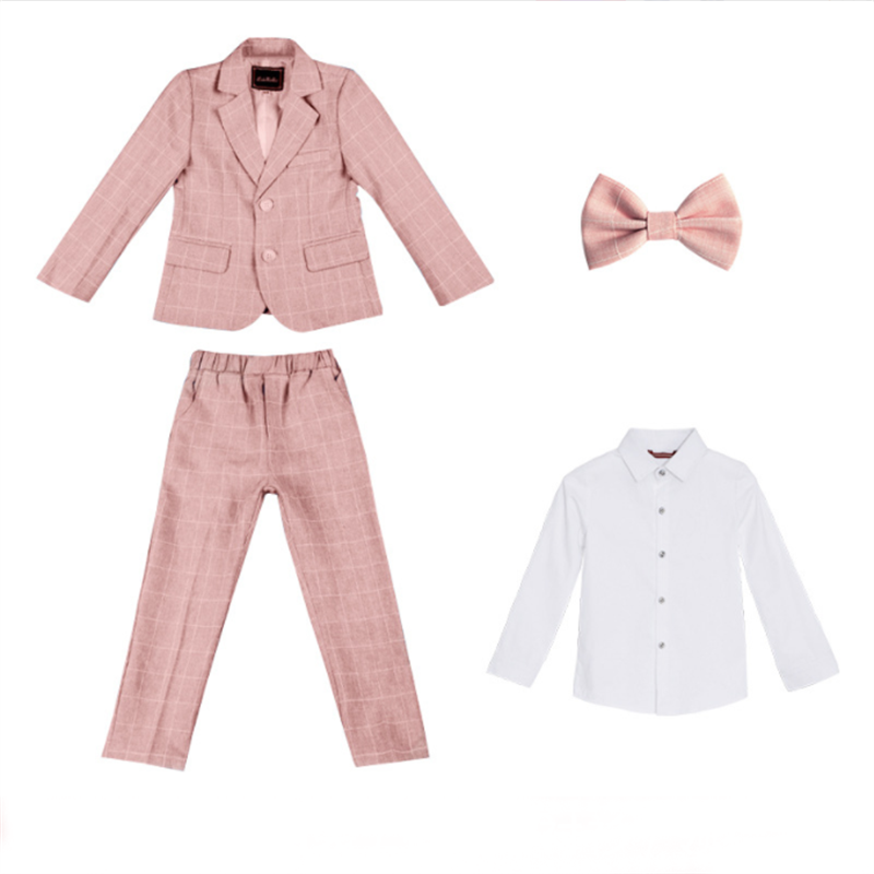 Boys 4 Piece Plaid Suit of Jacket, Pants, Shirt and Bow Tie