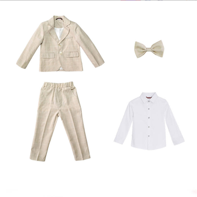 Boys 4 Piece Plaid Suit of Jacket, Pants, Shirt and Bow Tie