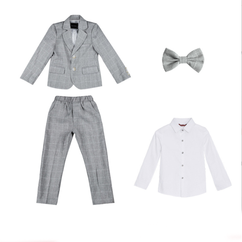 Boys 4 Piece Plaid Suit of Jacket, Pants, Shirt and Bow Tie