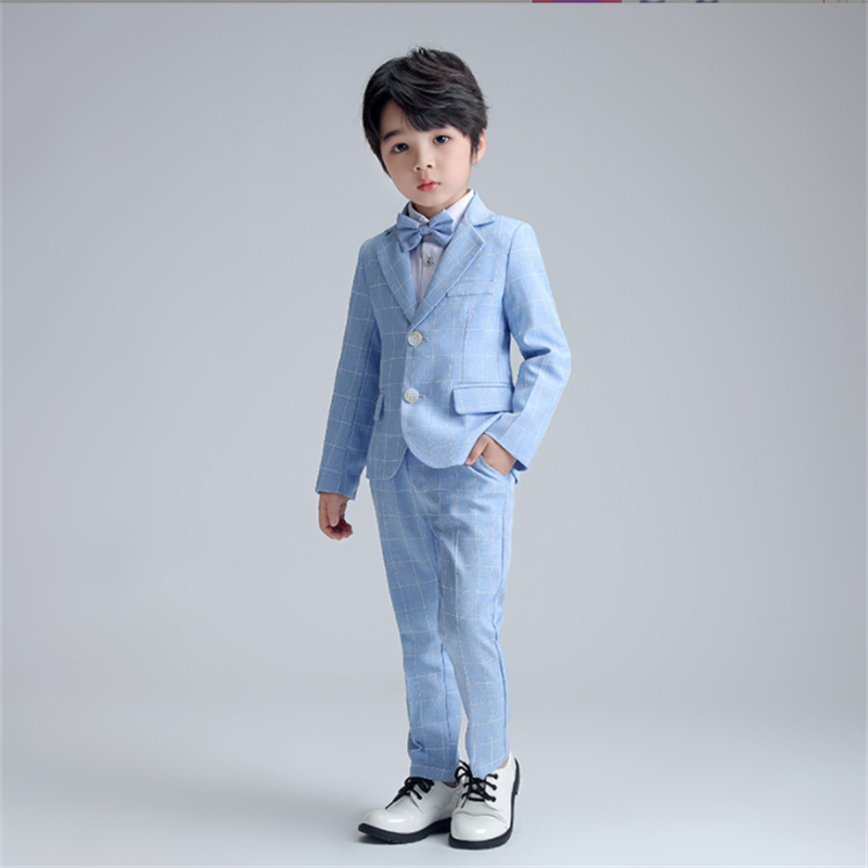 Boys 4 Piece Plaid Suit of Jacket, Pants, Shirt and Bow Tie