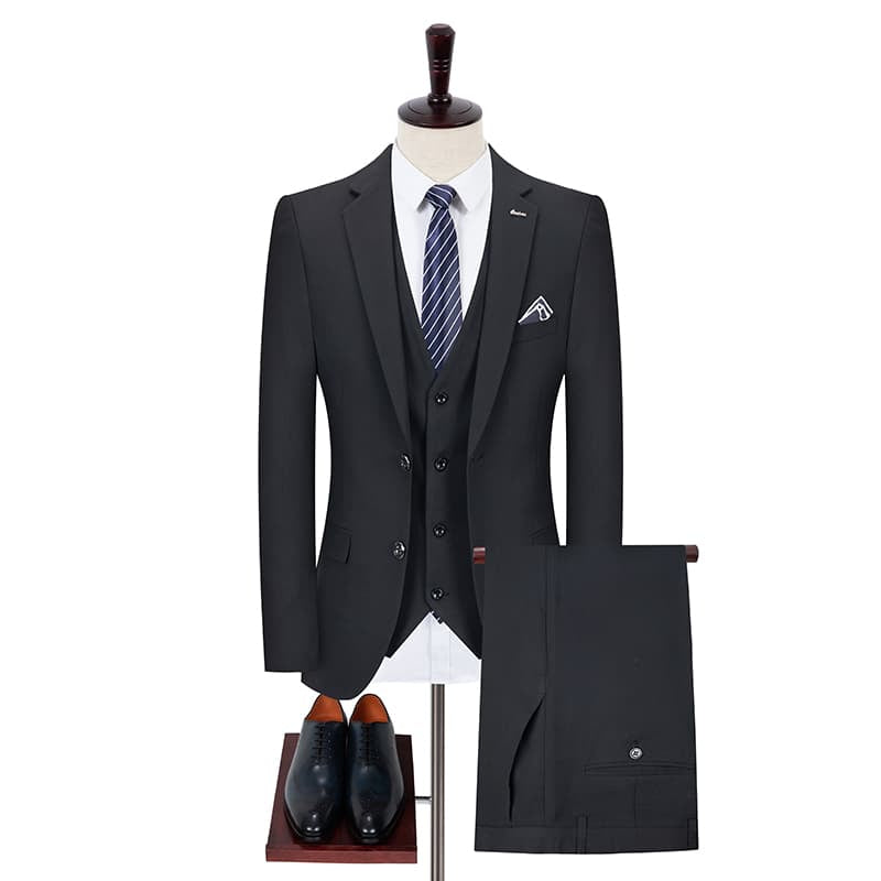 Men 3 Piece Solid Suit Two Buttons In Black