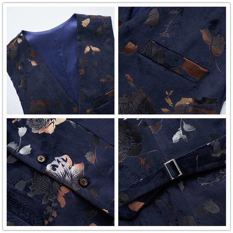 Mens Single Breasted Floral Vest in Black Blue