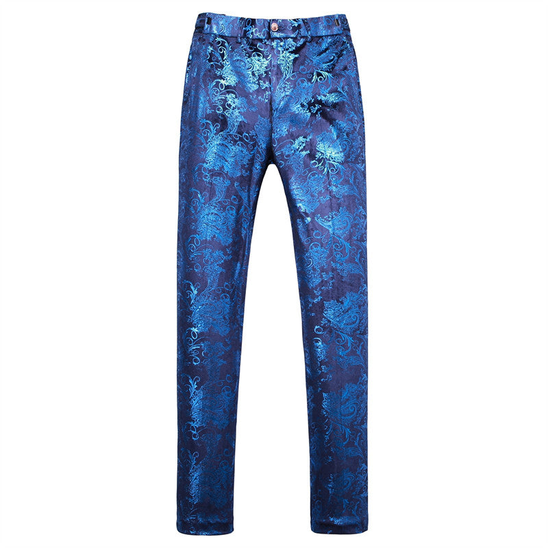 Mens Slim Fit Gold Printed Flat Front Pants Stylish Casual Floral Patten Trousers