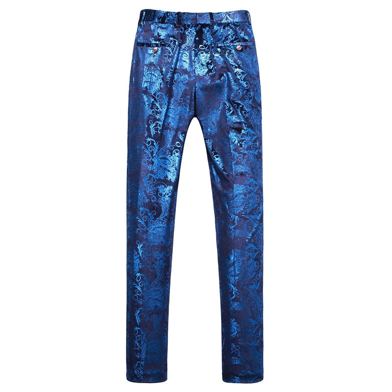 Mens Slim Fit Gold Printed Flat Front Pants Stylish Casual Floral Patten Trousers