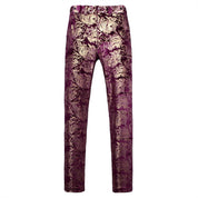 Mens Slim Fit Gold Printed Flat Front Pants Stylish Casual Floral Patten Trousers
