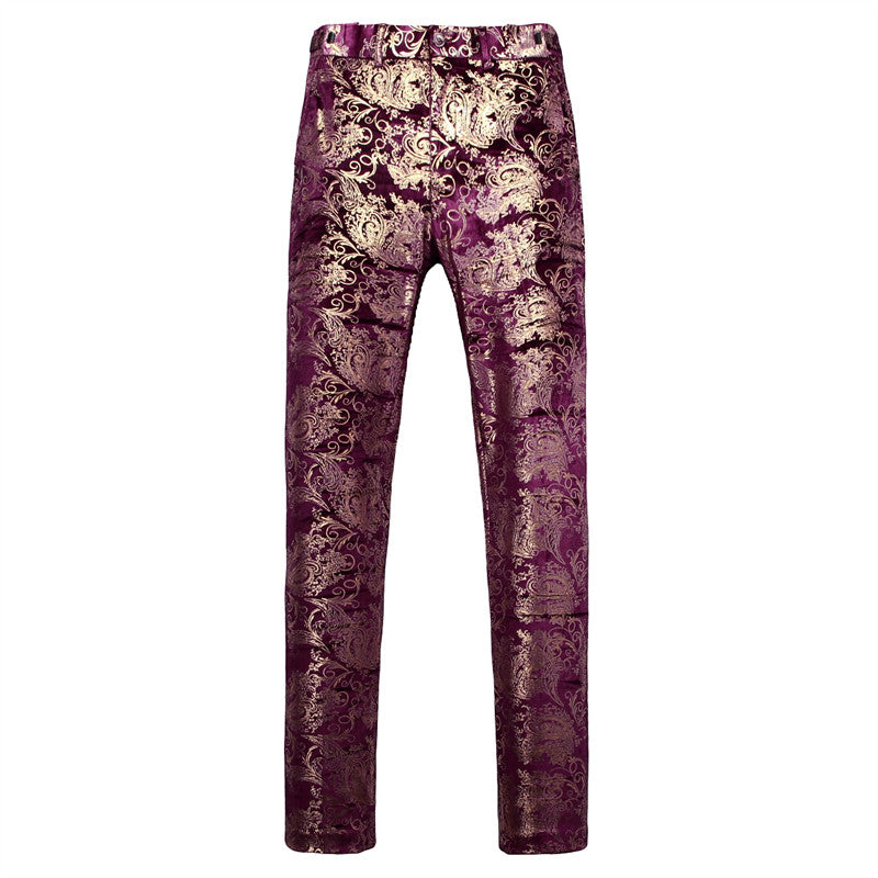 Mens Slim Fit Gold Printed Flat Front Pants Stylish Casual Floral Patten Trousers