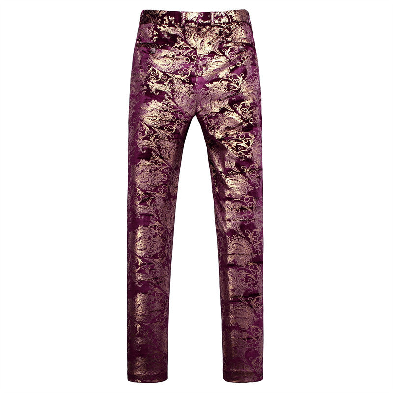 Mens Slim Fit Gold Printed Flat Front Pants Stylish Casual Floral Patten Trousers