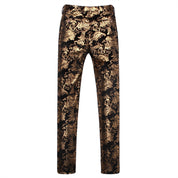 Mens Slim Fit Gold Printed Flat Front Pants Stylish Casual Floral Patten Trousers