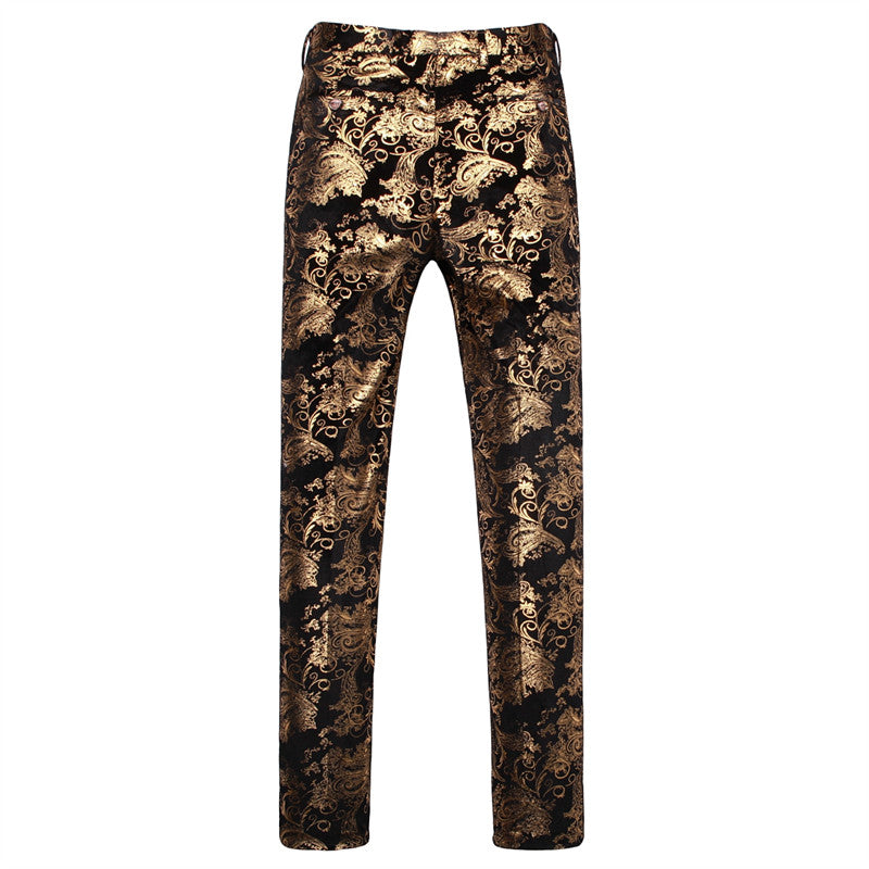 Mens Slim Fit Gold Printed Flat Front Pants Stylish Casual Floral Patten Trousers