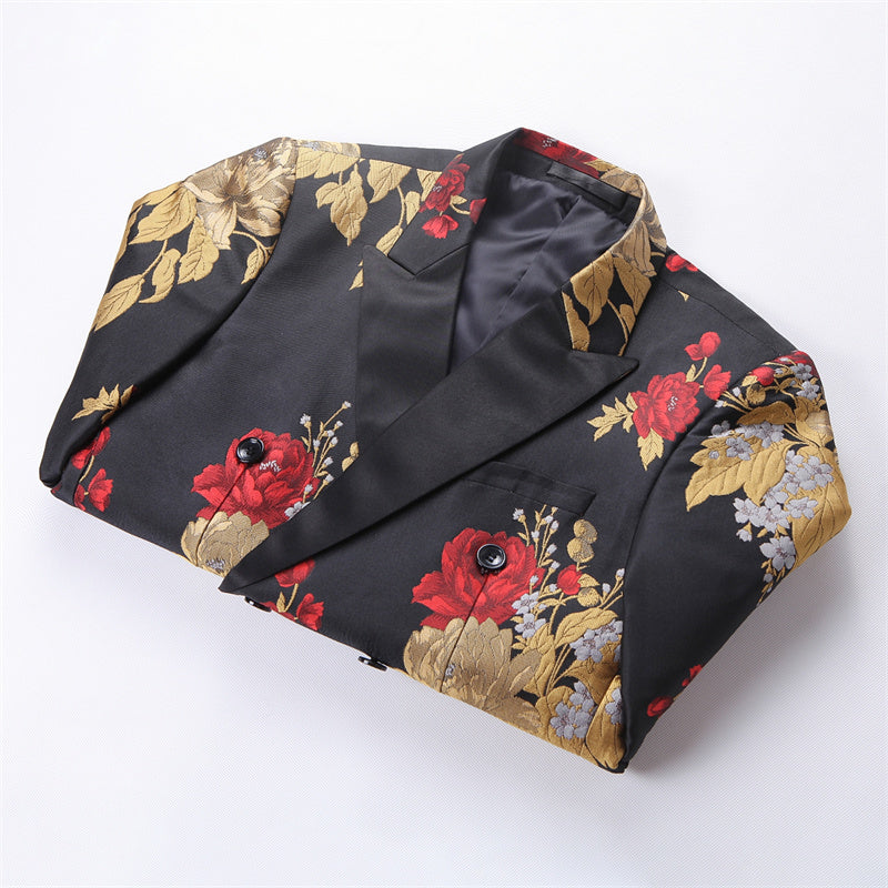 Men's 2 Piece Printed Suit with Red Gold Flower