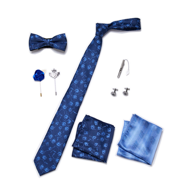 Men's 8 Pieces Ties Set  (Necktie+Bow Tie+Pocket Square +Cuff-links+ Lapel Pin Flower +Tie clip)