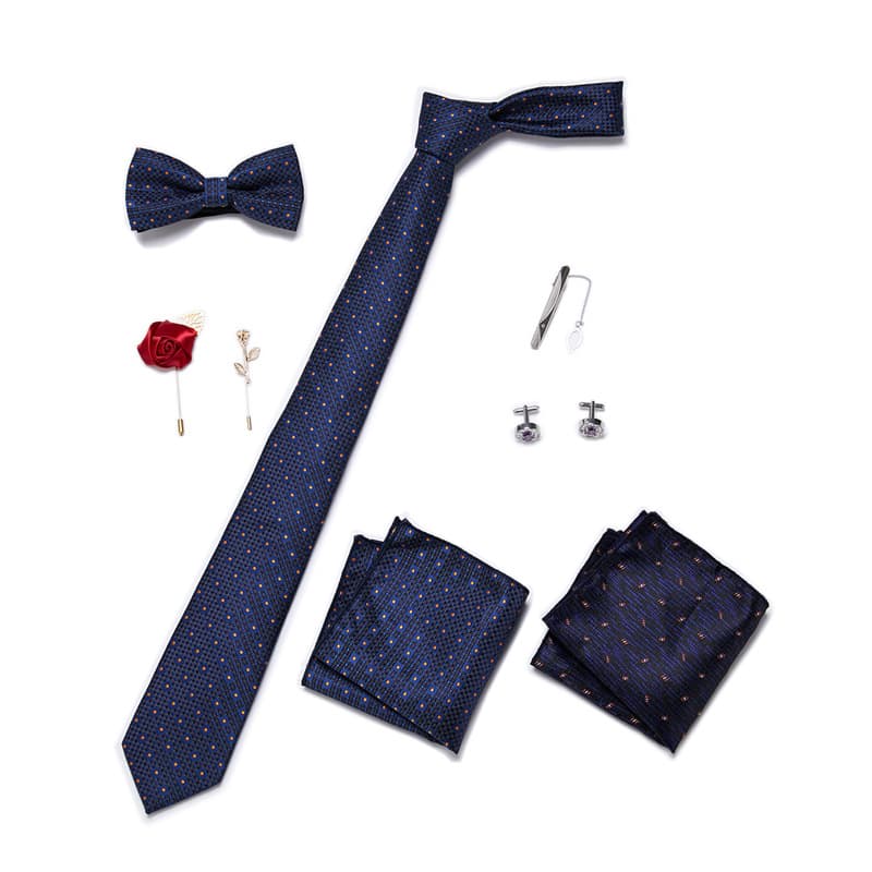 Men's 8 Pieces Ties Set  (Necktie+Bow Tie+Pocket Square +Cuff-links+ Lapel Pin Flower +Tie clip)
