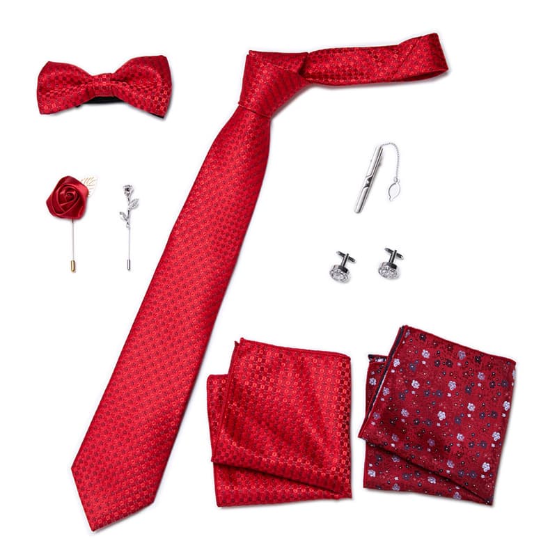 Men's 8 Pieces Gift Ties Set in Red Burgundy